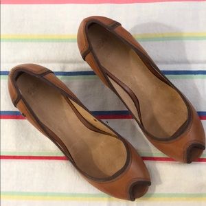 beige Frye peep-toe pumps